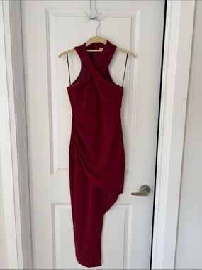 Cross-Back Burgundy High-Low Ruched Dress